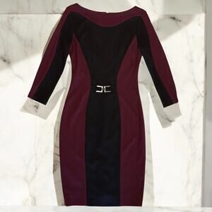 CACHE Knit Midi Dress Size 6 Slimming Stretch Burgundy Black Business Cocktail
